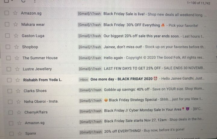 inbox snapshot of emails with sale coupons